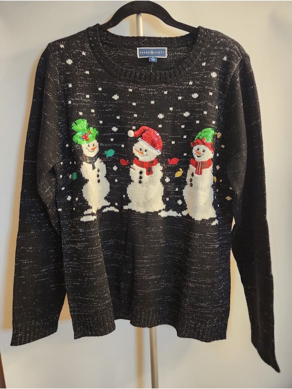 NWT Karen Scott Black Lurex Snowman Whimsy Ugly Christmas Sweater XL